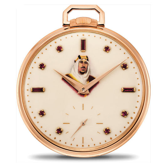 18ct rose gold Patek Philippe, reference 600/1 open face pocket watch, with polychrome enamel portrait of Abdulaziz “Ibn Saud”. Made 1956