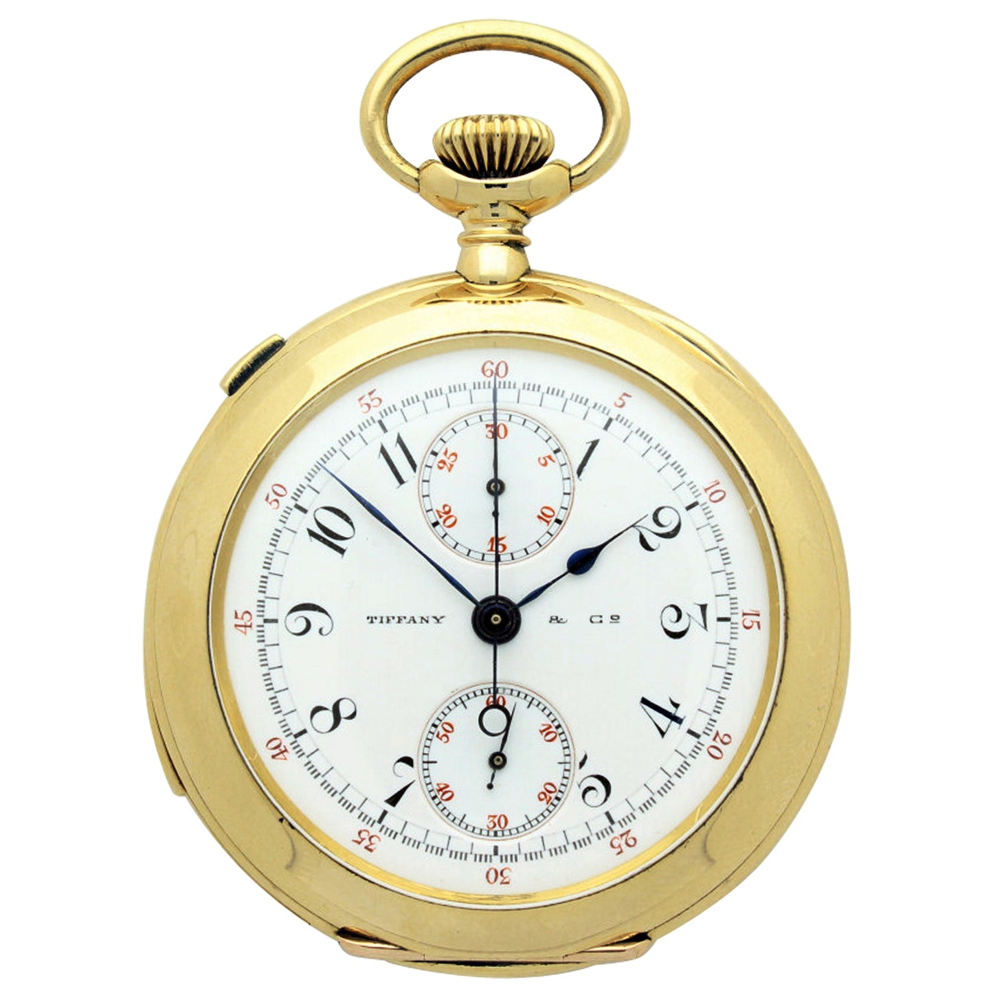 18ct yellow gold Patek Philippe open face split second minute repeating pocket watch, retailed by TIFFANY & Co. Made 1903