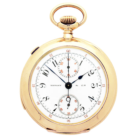 18ct yellow gold Patek Philippe open face split second minute repeating pocket watch, retailed by TIFFANY & Co. Made 1903