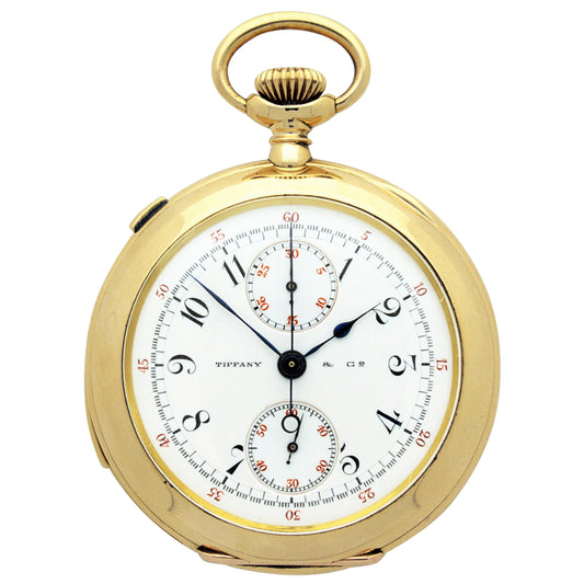 18ct yellow gold Patek Philippe open face split second minute repeating pocket watch, retailed by TIFFANY & Co. Made 1903