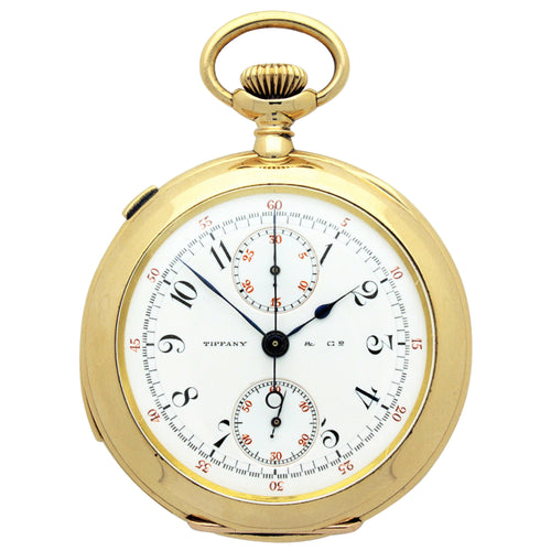 18ct yellow gold Patek Philippe open face split second minute repeating pocket watch, retailed by TIFFANY & Co. Made 1903