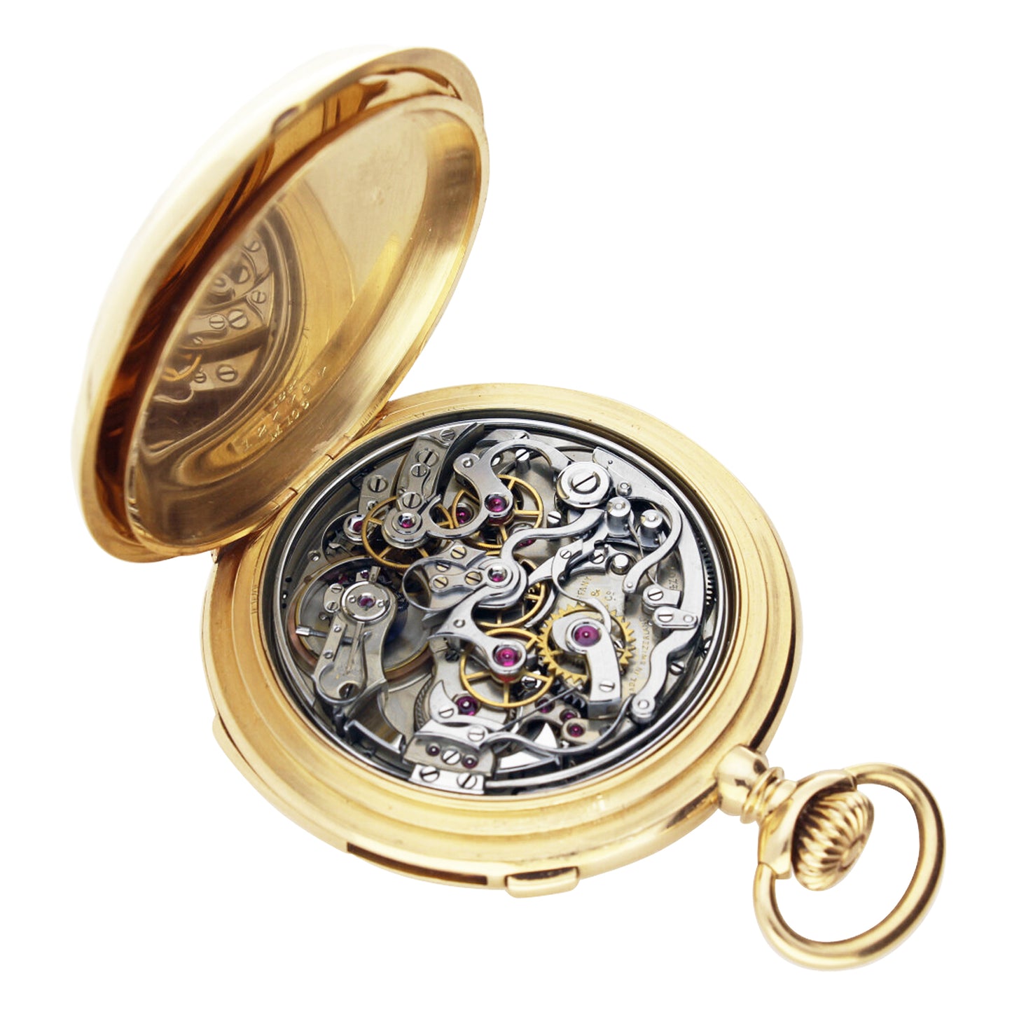 18ct yellow gold Patek Philippe open face split second minute repeating pocket watch, retailed by TIFFANY & Co. Made 1903