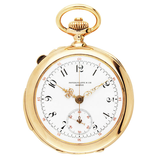 18ct rose gold Patek Philippe open face minute repeating chronograph pocket watch. Made 1900