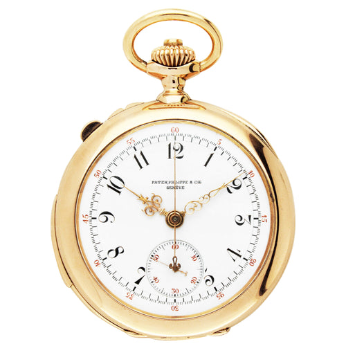 18ct rose gold Patek Philippe open face minute repeating chronograph pocket watch. Made 1900