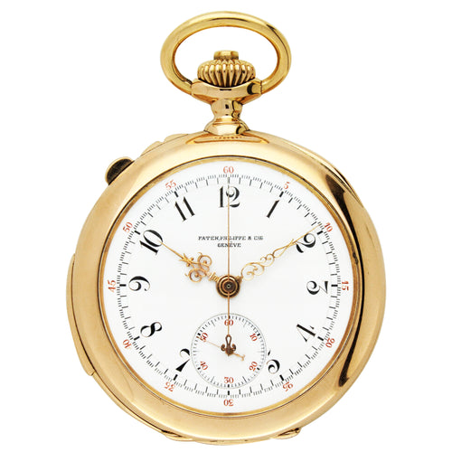 18ct rose gold Patek Philippe open face minute repeating chronograph pocket watch. Made 1900