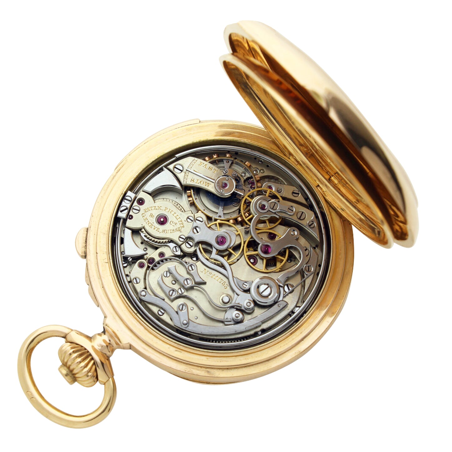 18ct rose gold Patek Philippe open face minute repeating chronograph pocket watch. Made 1900