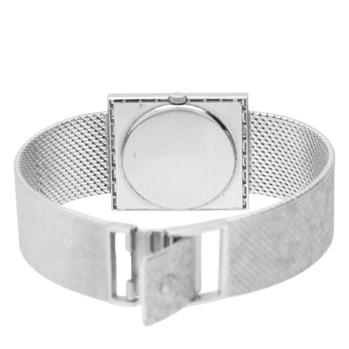 18ct white gold Patek Philippe ref. 3540/2 bracelet watch with baguette diamond set bezel retailed by GÜBELIN. Made 1975