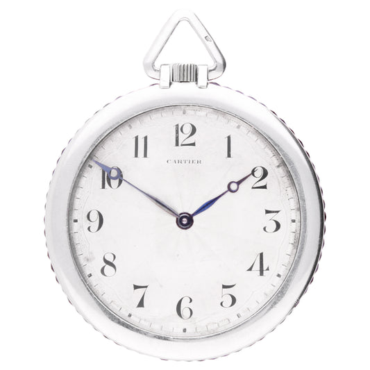 Platinum Cartier, open faced pocket watch with sapphire set case edge. Made 1930's