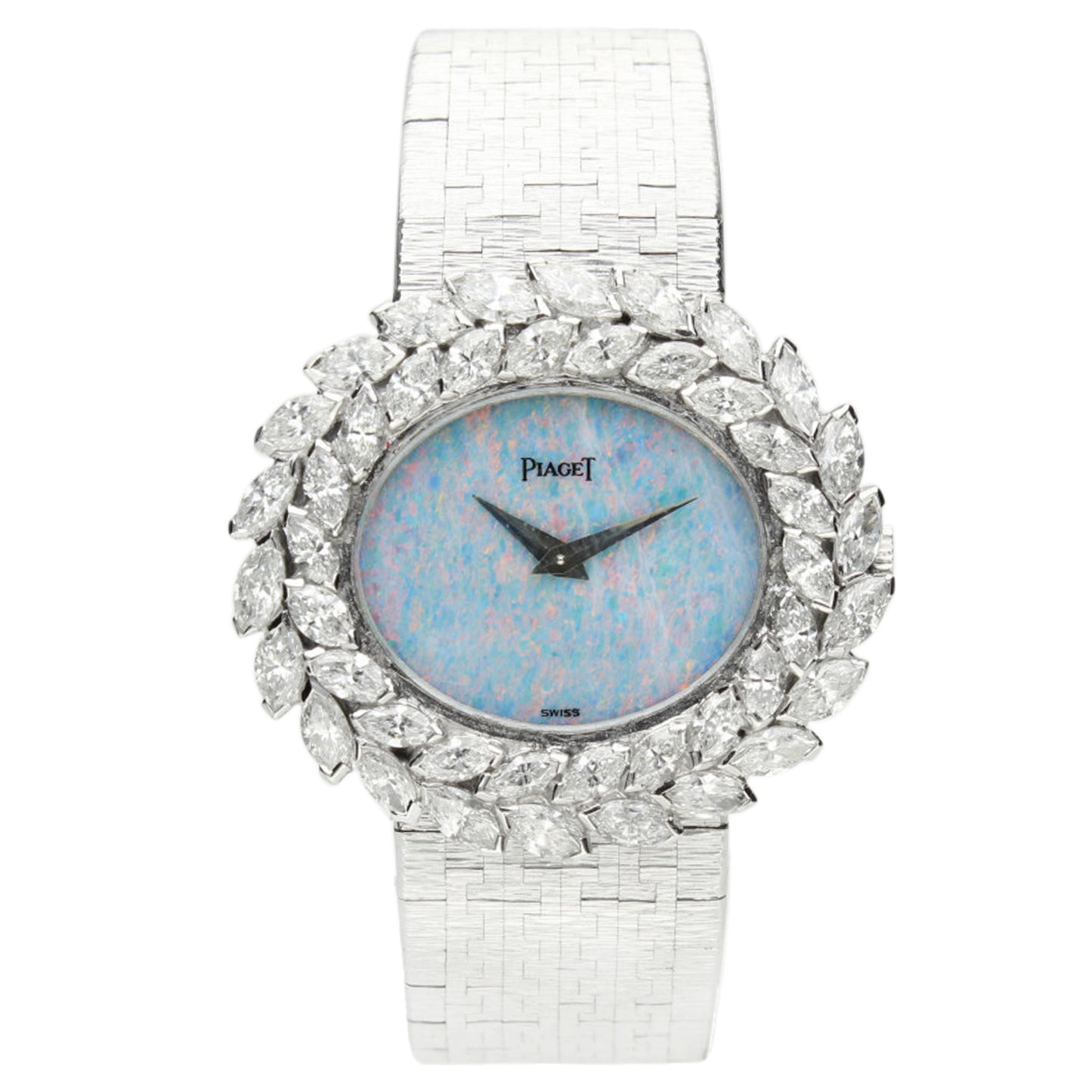 18ct white gold and diamond set Piaget ref. 9385 bracelet watch with opal dial. Made 1972