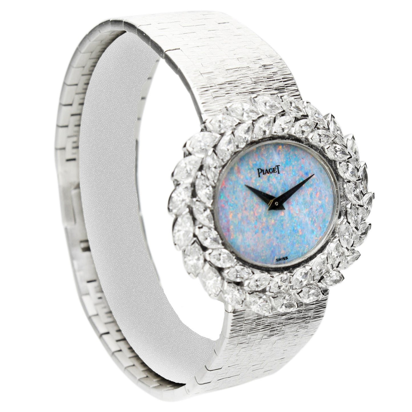 18ct white gold and diamond set Piaget ref. 9385 bracelet watch with opal dial. Made 1972