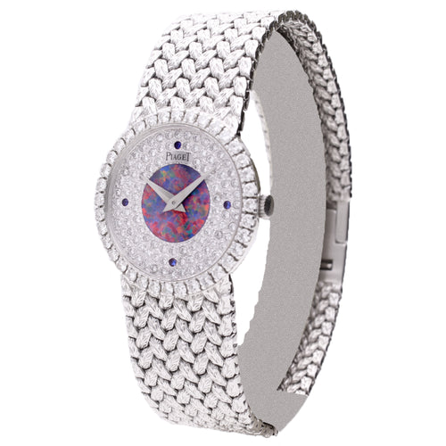 18ct white gold Piaget, opal and pave diamond dial bracelet watch. Made 1970