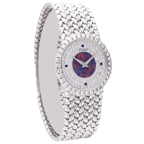 18ct white gold Piaget, opal and pave diamond dial bracelet watch. Made 1970