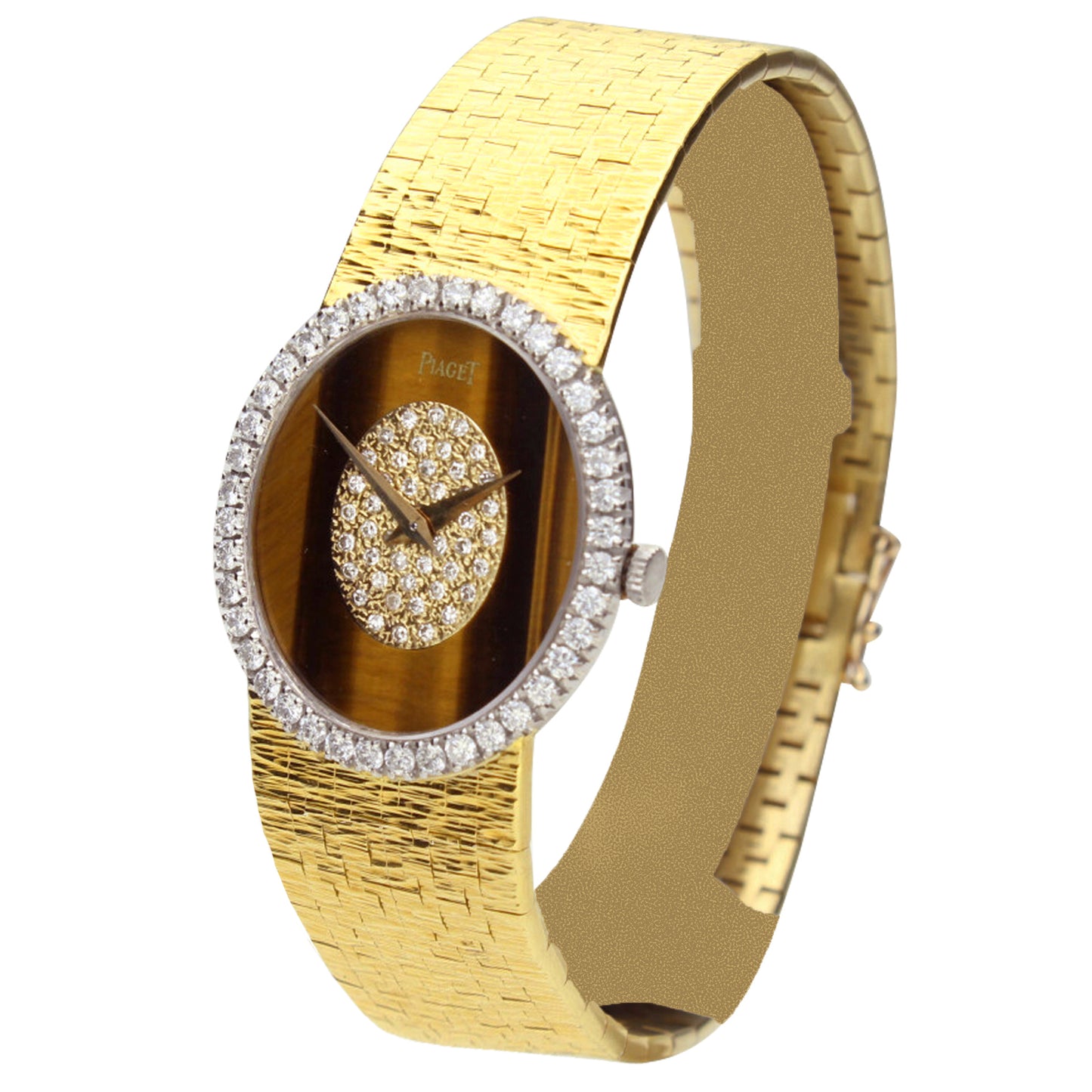 18ct yellow gold Piaget ref. 9826 bracelet watch with tigers eye/diamond set dial and diamond set bezel. Made 1970's