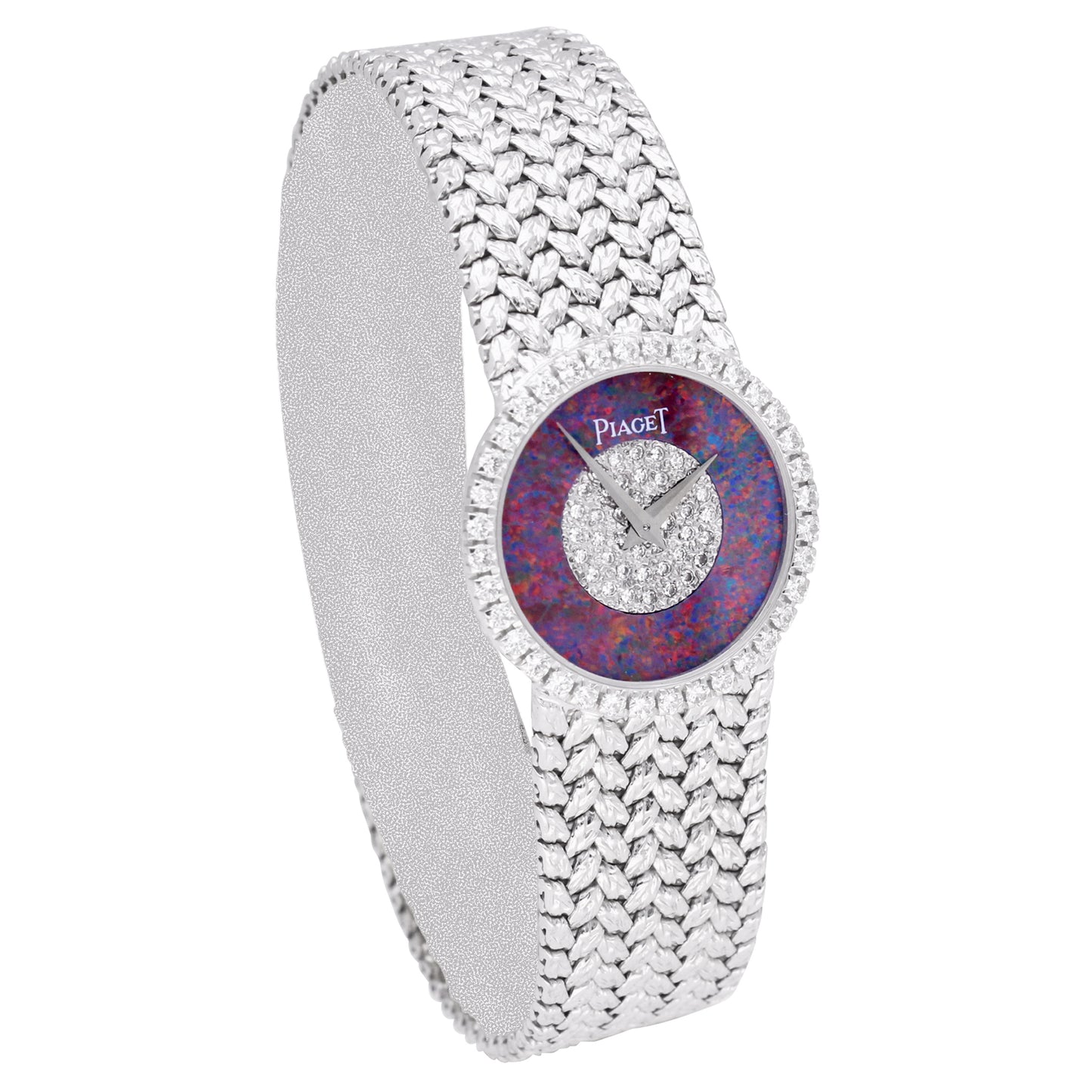 18ct white gold Piaget ref. 9706 opal and pave diamond dial bracelet watch. Made 1970's