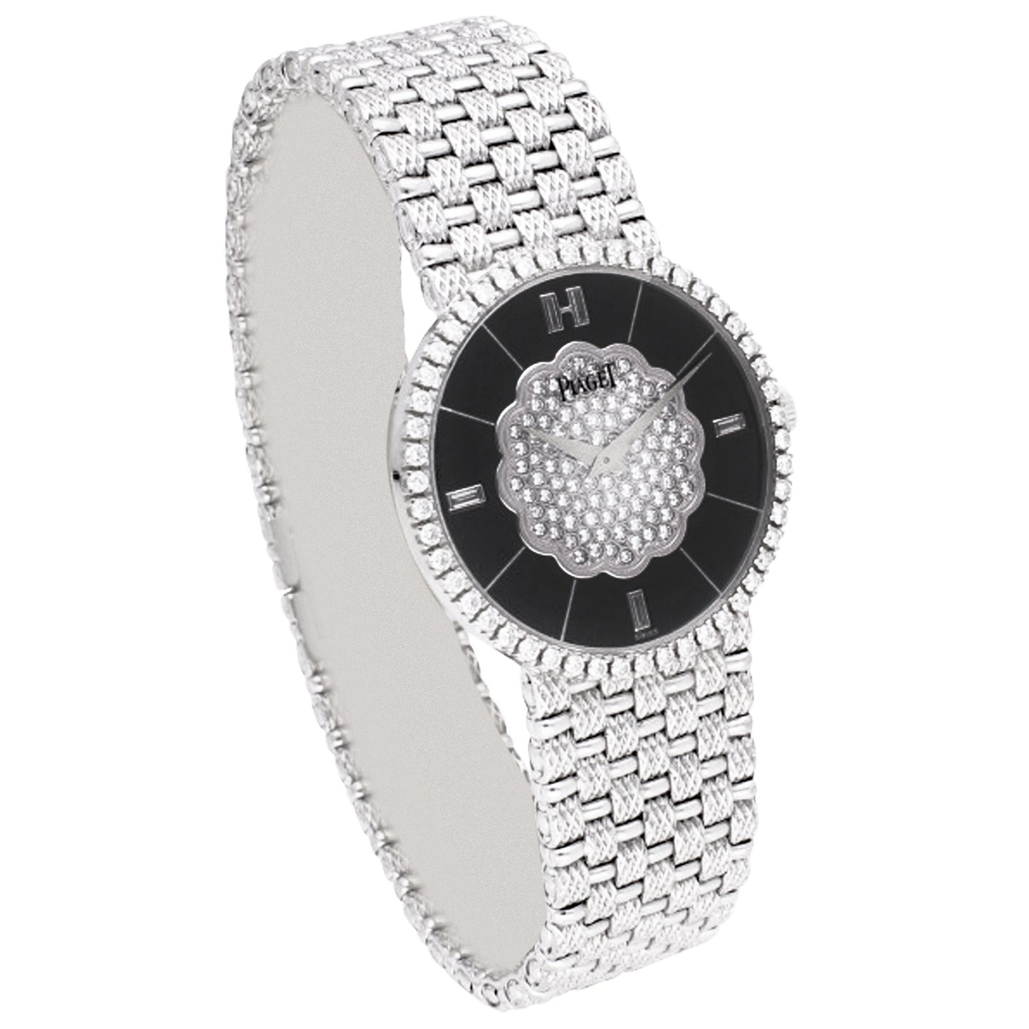 18ct white gold Piaget ref. 9066 bracelet watch with onyx dial and diamond set bezel. Made 1989