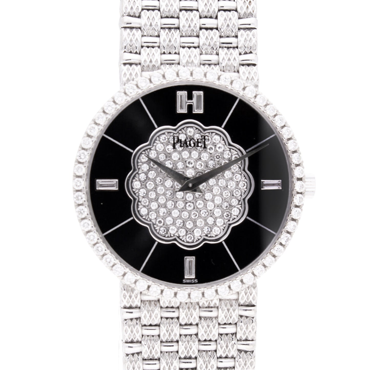 18ct white gold Piaget ref. 9066 bracelet watch with onyx dial and diamond set bezel. Made 1989