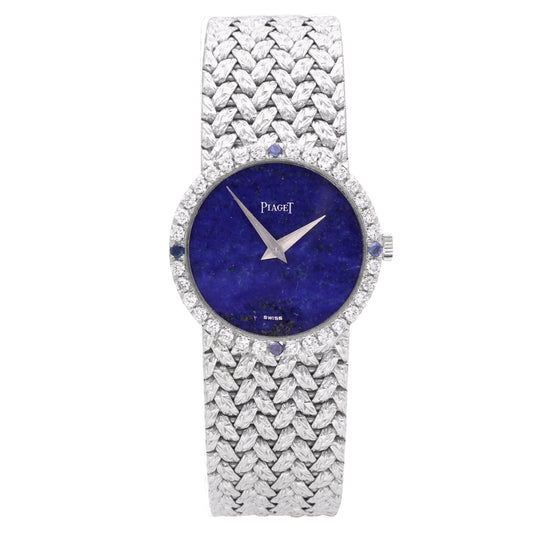 18ct white gold Piaget ref. 9706 bracelet watch with lapis lazuli dial and diamond set bezel. Made 1970's