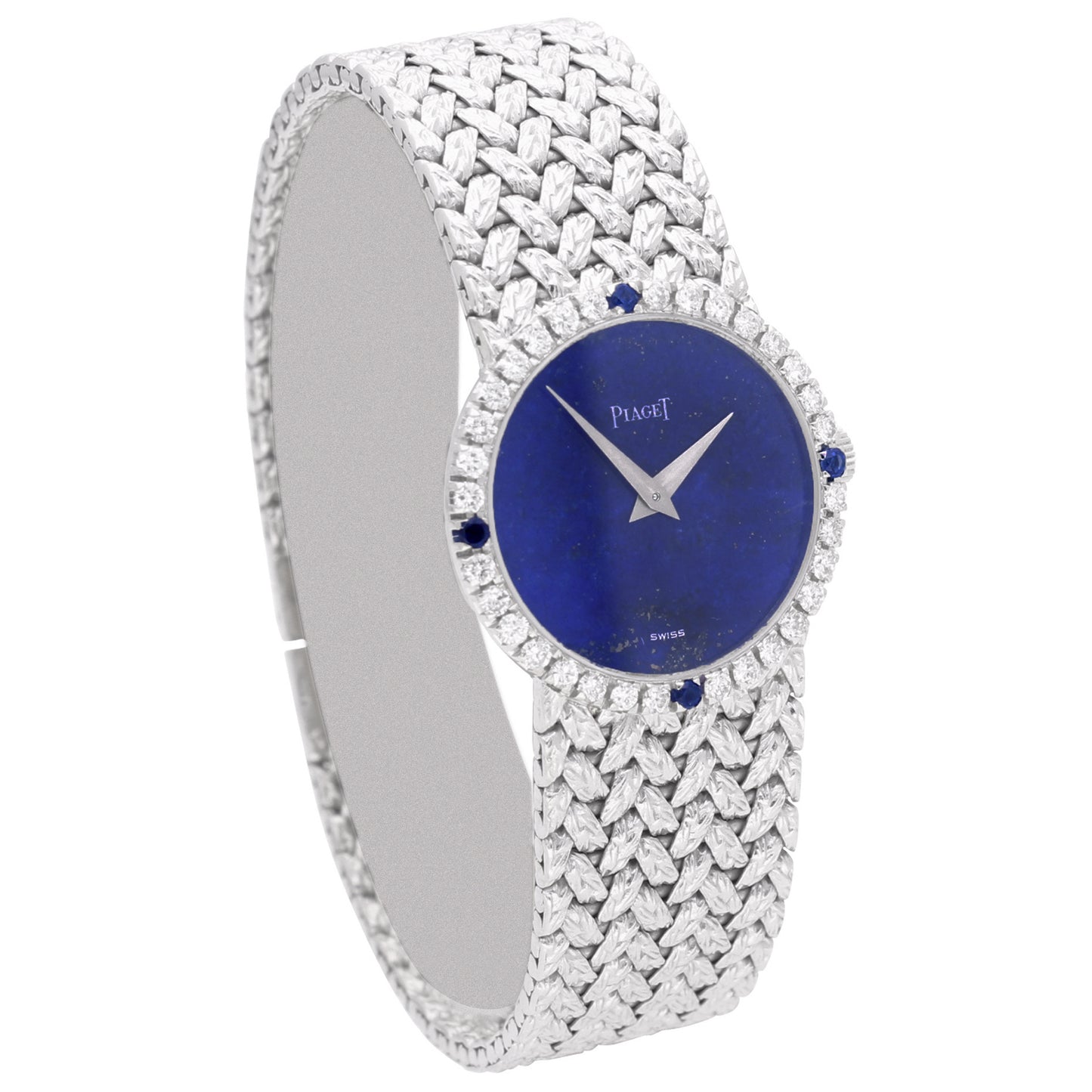 18ct white gold Piaget ref. 9706 bracelet watch with lapis lazuli dial and diamond set bezel. Made 1970's