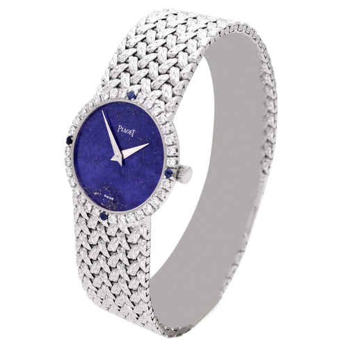 18ct white gold Piaget ref. 9706 bracelet watch with lapis lazuli dial and diamond set bezel. Made 1970's