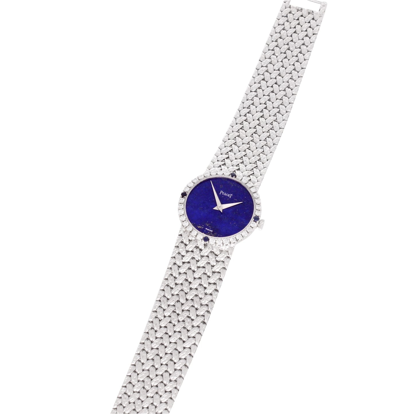 18ct white gold Piaget ref. 9706 bracelet watch with lapis lazuli dial and diamond set bezel. Made 1970's