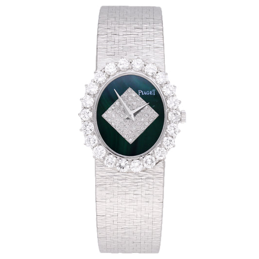 18ct white gold Piaget ref. 9338 diamond and malachite dial with diamond bezel bracelet watch. Made 1970