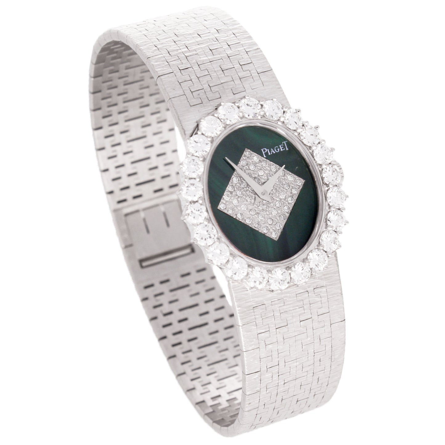 18ct white gold diamond and malachite dial with diamond bezel bracelet watch. Made 1970