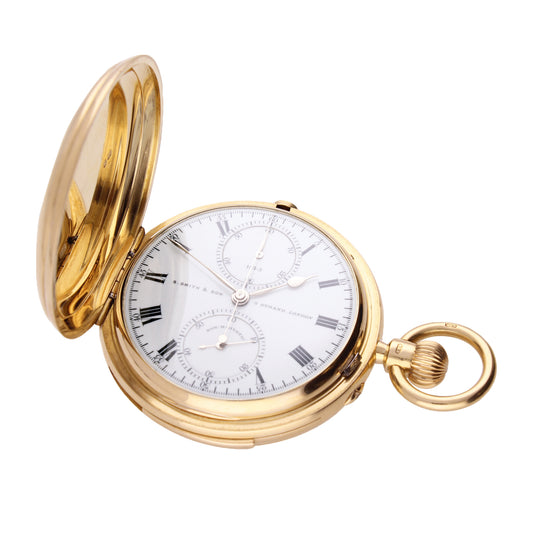 18ct yellow gold hunter case, keyless wind minute repeating chronograph pocket watch. Made 1898