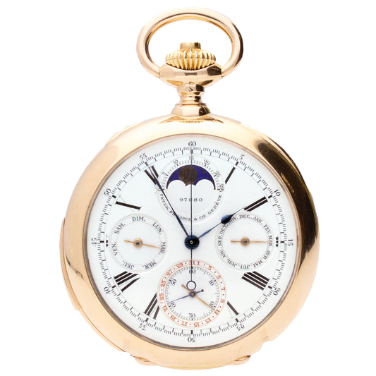 18ct rose gold Patek Philippe, minute repeating perpetual calendar chronograph pocketwatch. Made 1896