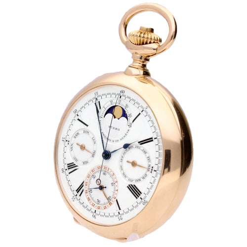 18ct rose gold Patek Philippe, minute repeating perpetual calendar chronograph pocketwatch. Made 1896