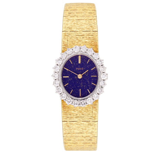 18ct yellow gold Piaget ref. 9338 bracelet watch with lapis lazuli dial and diamond set bezel. Made 1970's