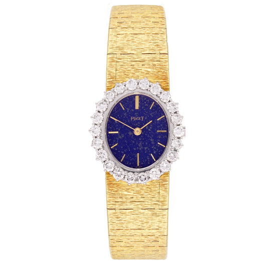 18ct yellow gold Piaget ref. 9338 bracelet watch with lapis lazuli dial and diamond set bezel. Made 1970's