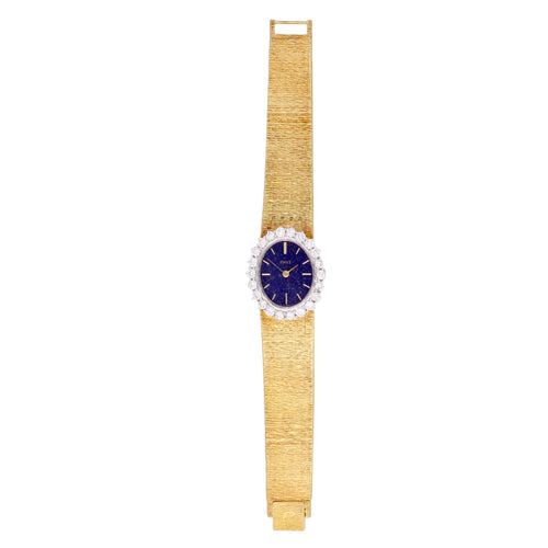 18ct yellow gold Piaget ref. 9338 bracelet watch with lapis lazuli dial and diamond set bezel. Made 1970's