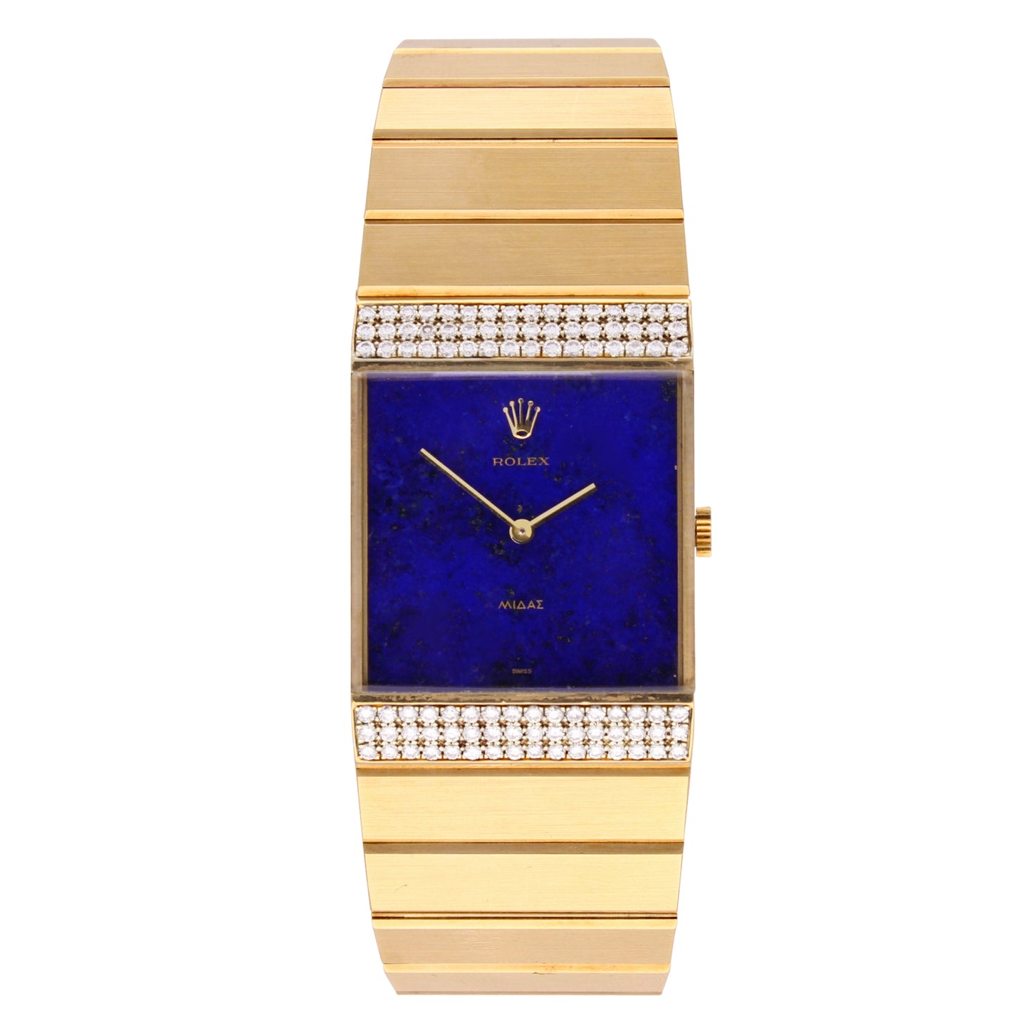 18ct yellow gold Rolex ref. 4611 King Midas wristwatch with Lapis lazuli dial and diamond set bezel. Made 1976