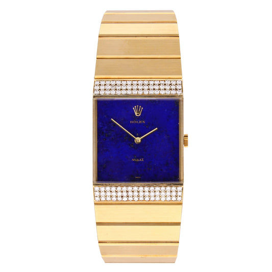 18ct yellow gold Rolex, reference 4611 King Midas wristwatch with Lapis lazuli dial and diamond set bezel. Made 1976