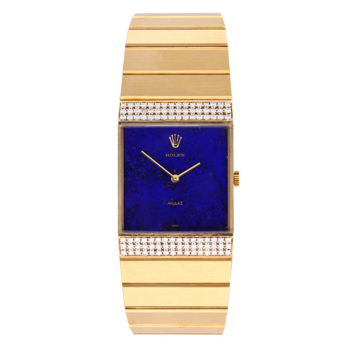 18ct yellow gold Rolex ref. 4611 King Midas wristwatch with Lapis lazuli dial and diamond set bezel. Made 1976