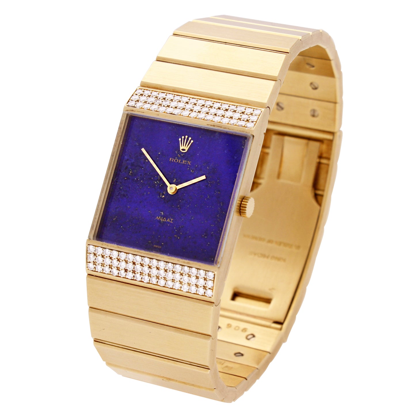 18ct yellow gold Rolex ref. 4611 King Midas wristwatch with Lapis lazuli dial and diamond set bezel. Made 1976