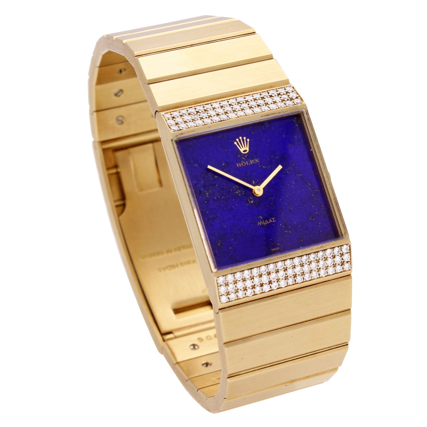 18ct yellow gold Rolex ref. 4611 King Midas wristwatch with Lapis lazuli dial and diamond set bezel. Made 1976