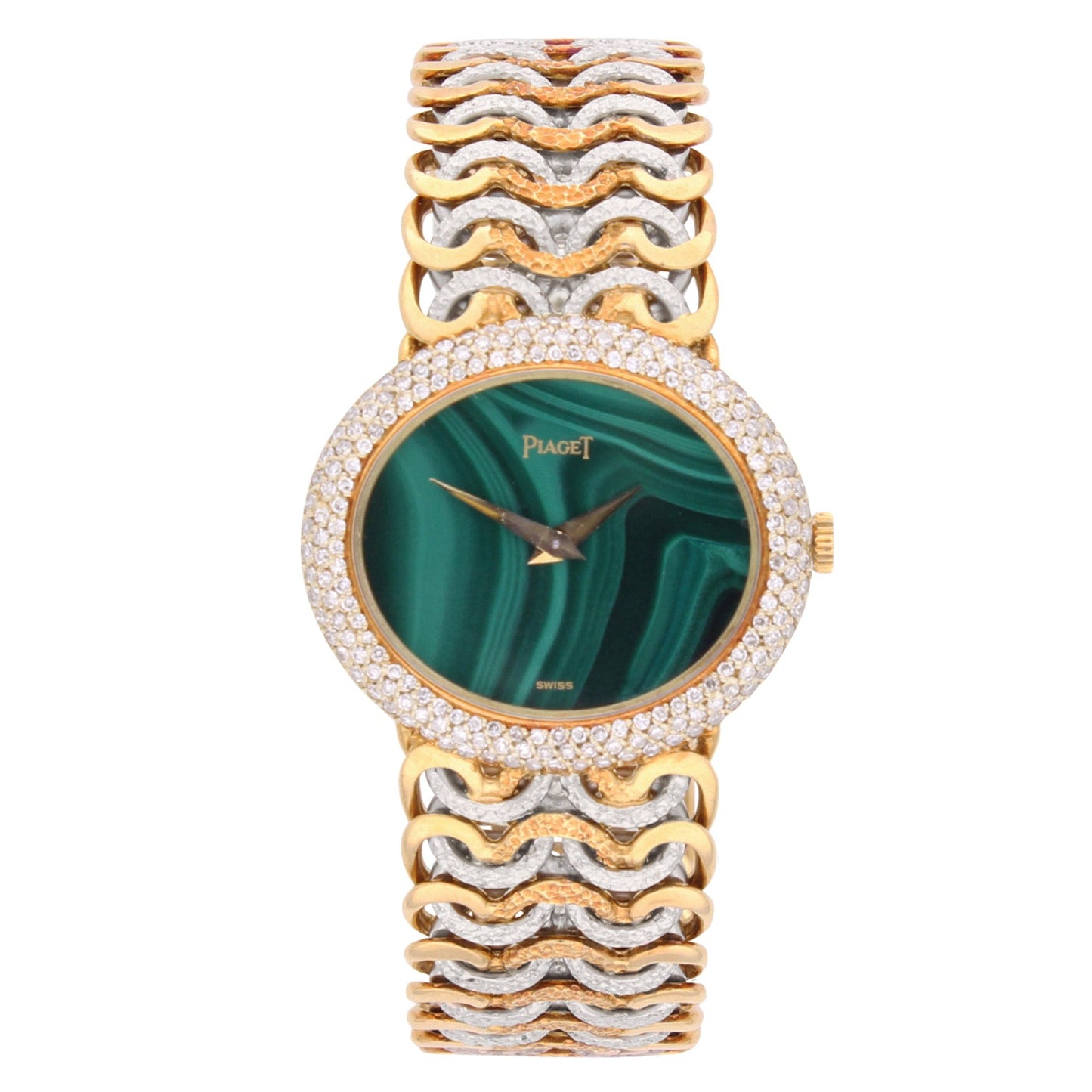 Tri-gold Piaget ref. 98125 'oval cased' bracelet watch with malachite dial and diamond set bezel. Made 1970's