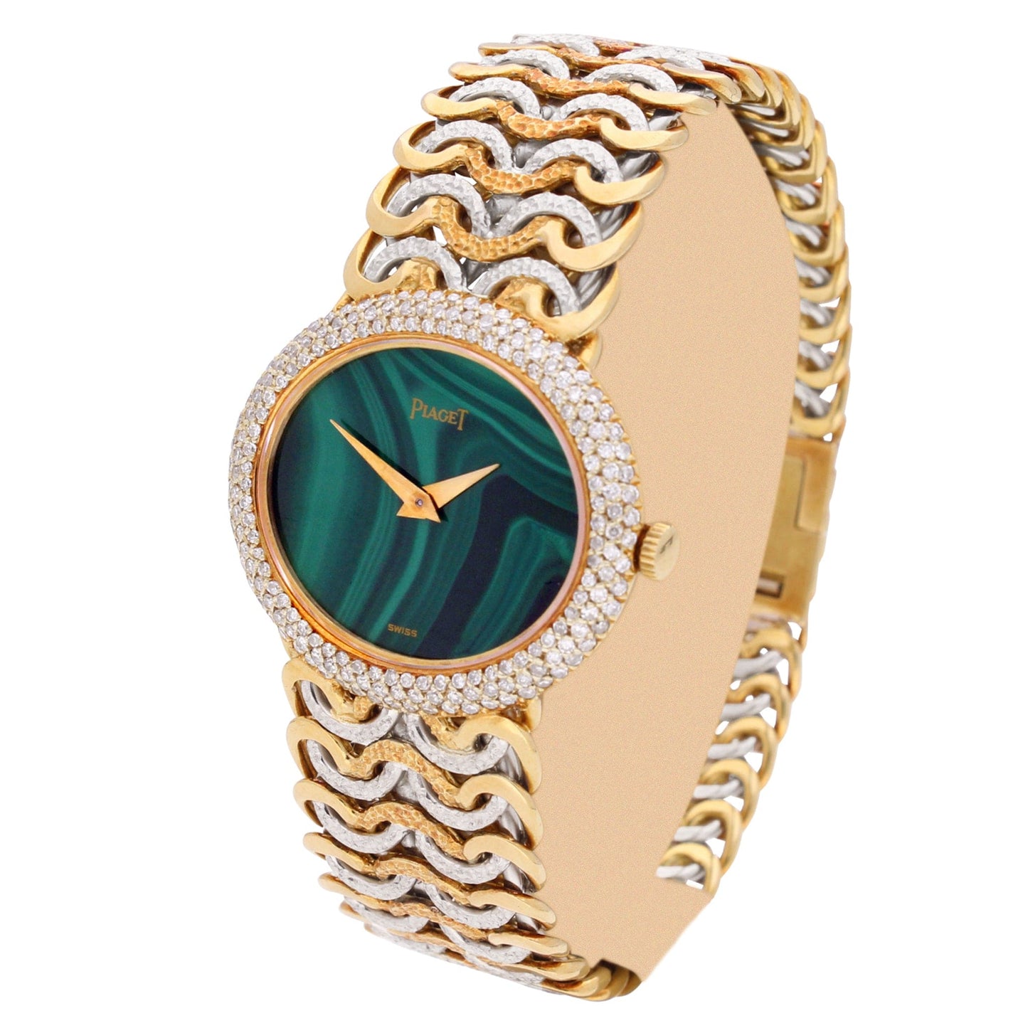 Tri-gold Piaget ref. 98125 'oval cased' bracelet watch with malachite dial and diamond set bezel. Made 1970's