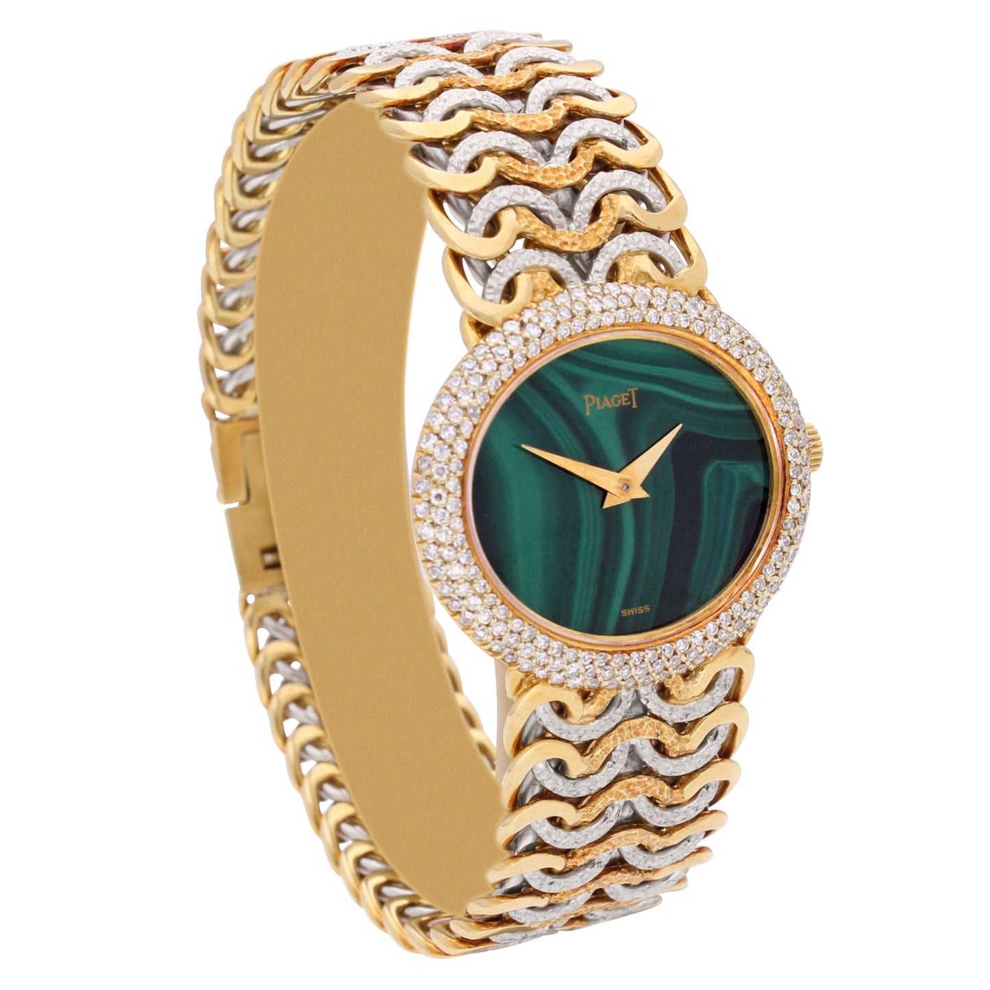 Tri-gold Piaget ref. 98125 'oval cased' bracelet watch with malachite dial and diamond set bezel. Made 1970's