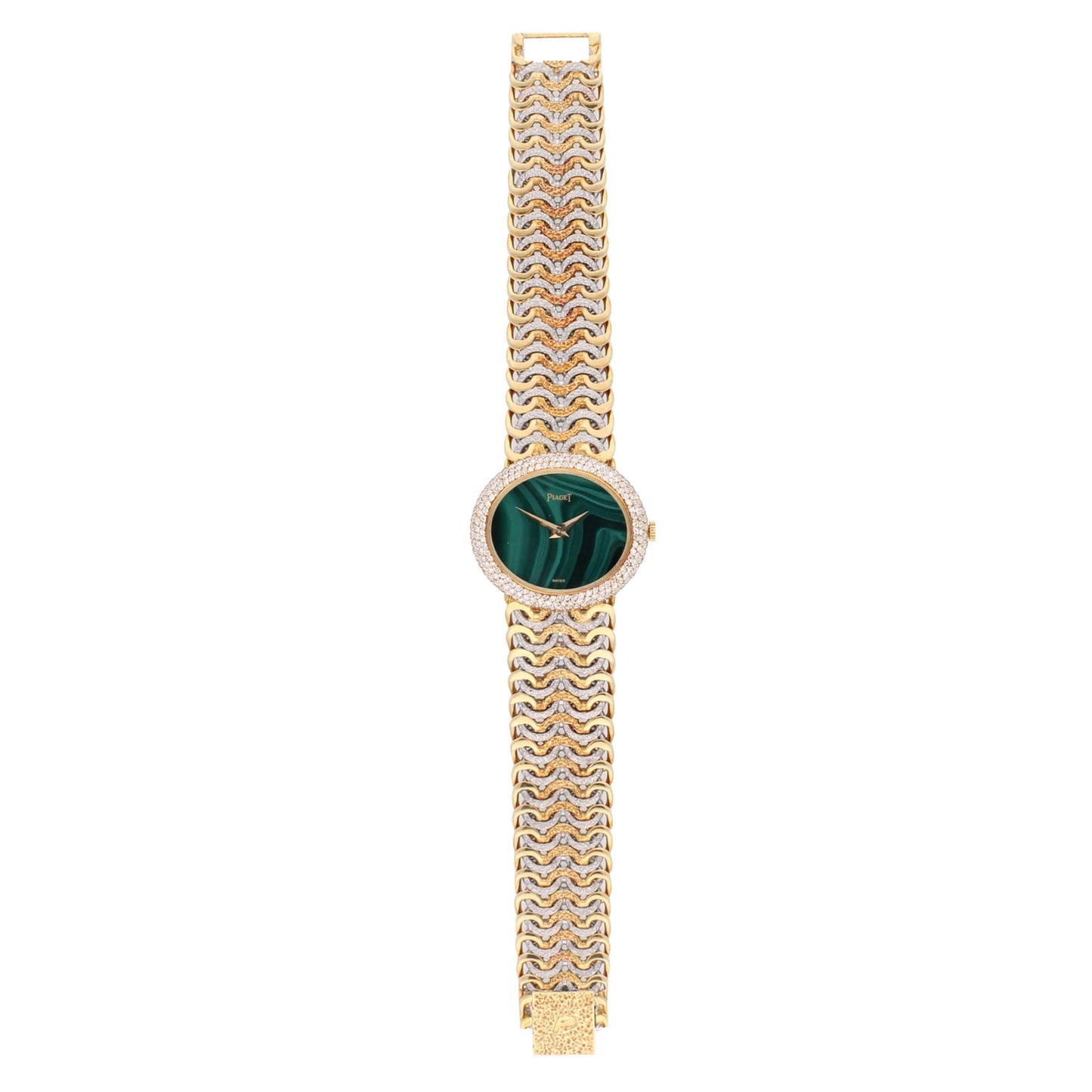 Tri-gold Piaget ref. 98125 'oval cased' bracelet watch with malachite dial and diamond set bezel. Made 1970's