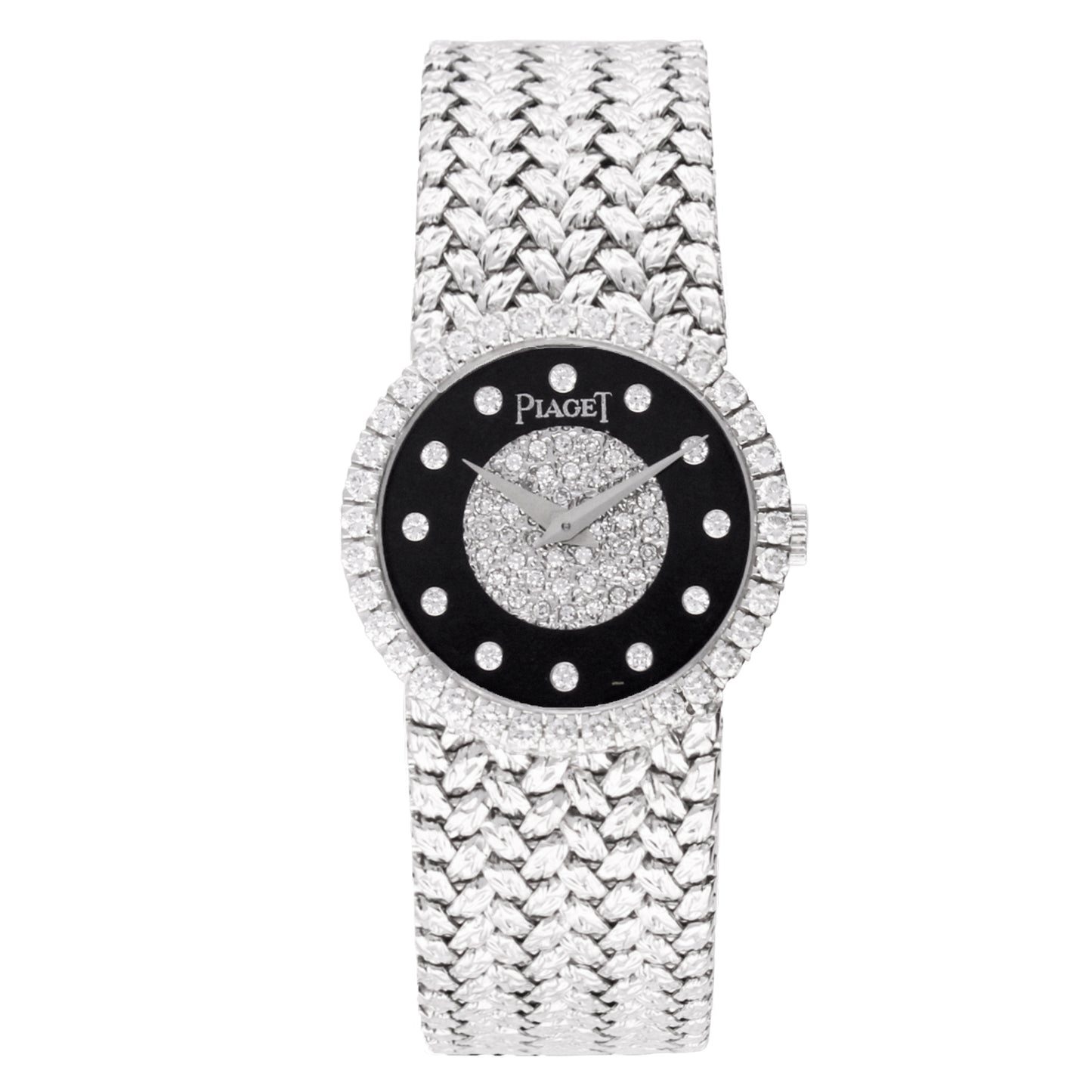 18ct white gold Piaget bracelet watch with onyx & diamond set dial. Made 1970