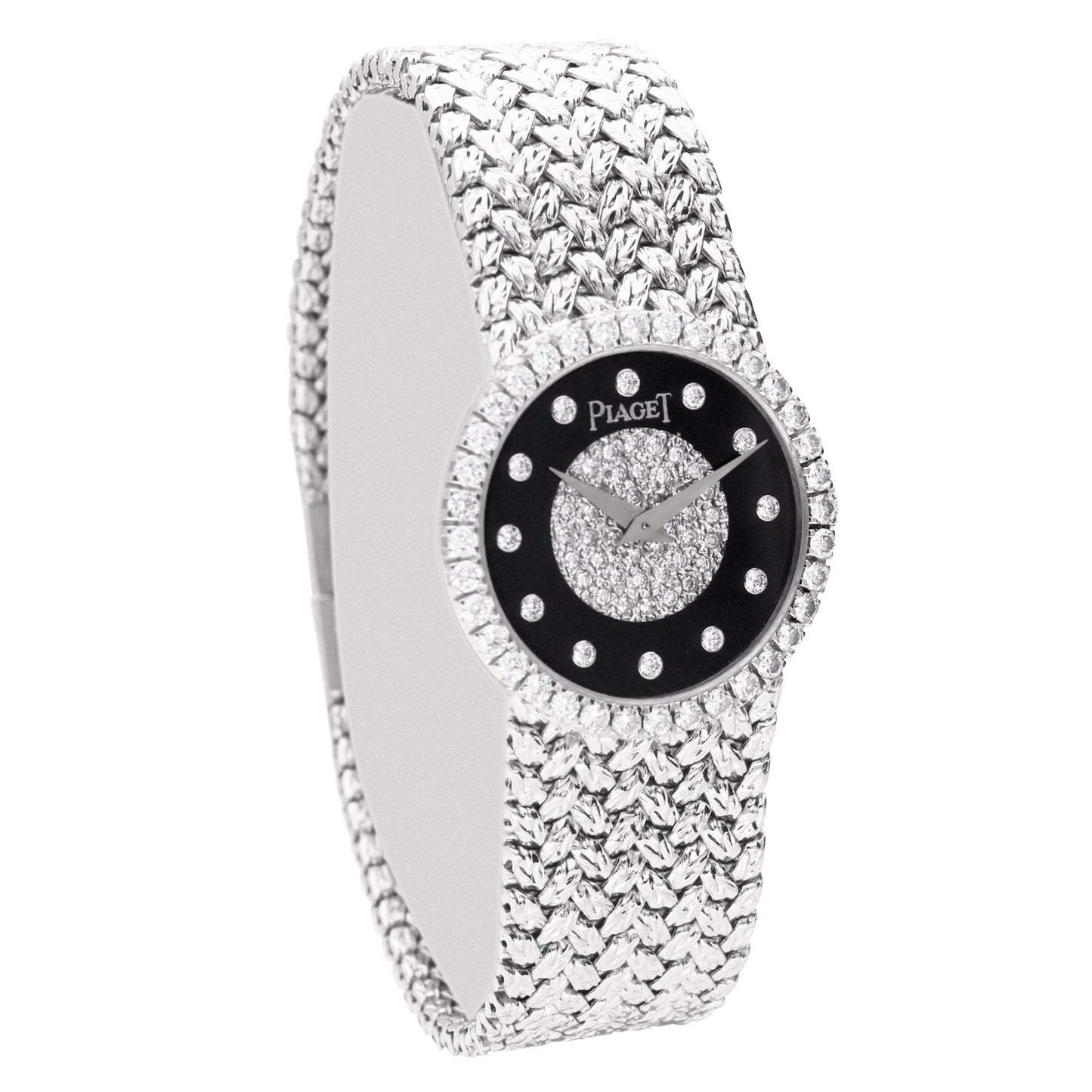 18ct white gold Piaget bracelet watch with onyx & diamond set dial. Made 1970