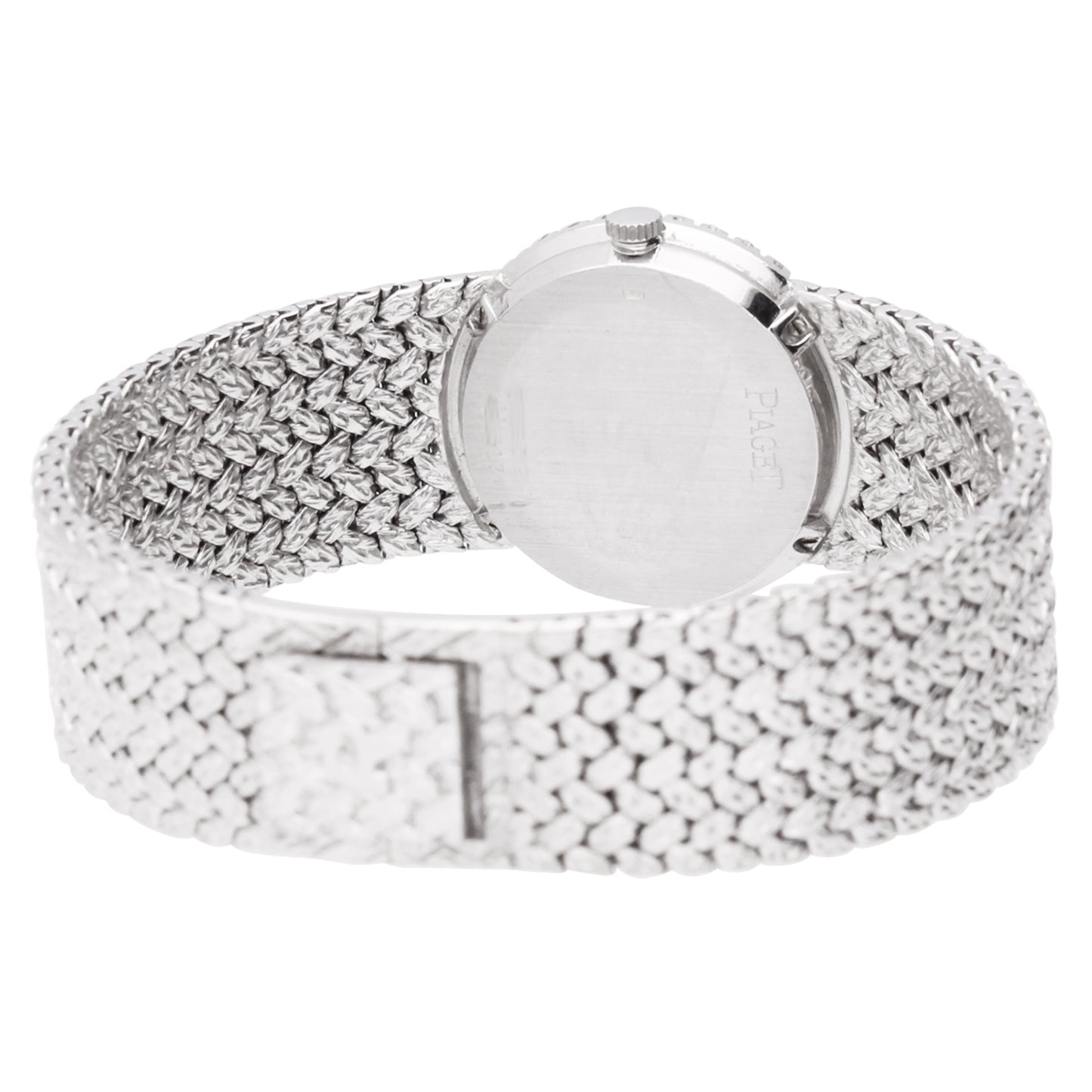 18ct white gold Piaget bracelet watch with onyx & diamond set dial. Made 1970