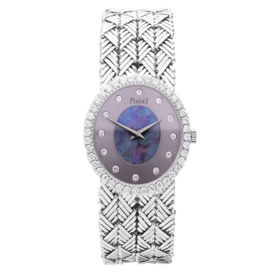 18ct white gold Piaget ref. 9826 opal/pearl set dial and diamond set bezel bracelet watch. Made 1970