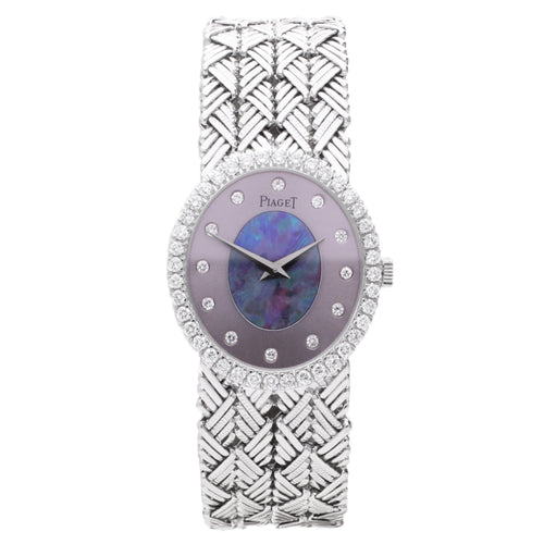 18ct white gold Piaget ref. 9826 opal/pearl set dial and diamond set bezel bracelet watch. Made 1970