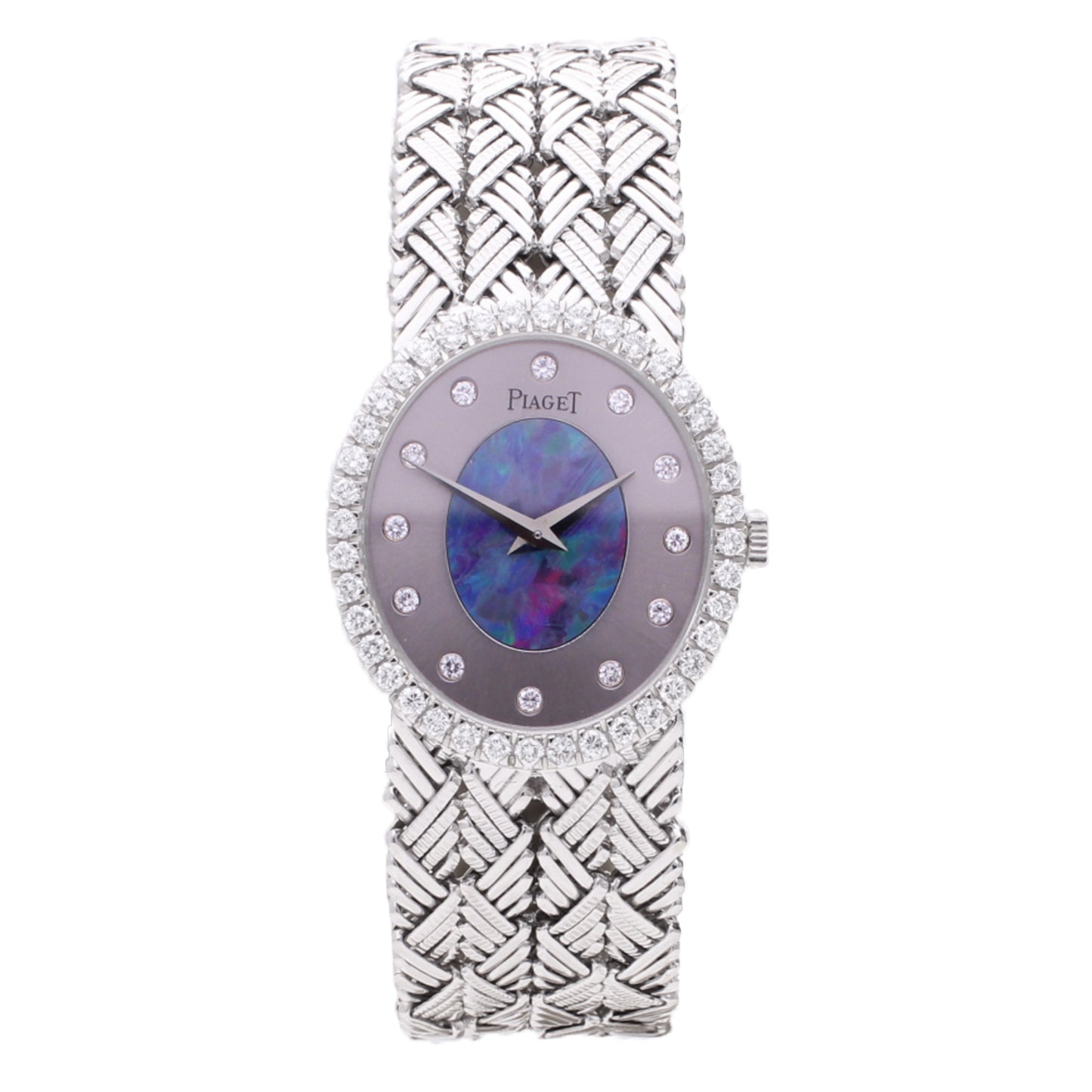 18ct white gold Piaget ref. 9826 opal/pearl set dial and diamond set bezel bracelet watch. Made 1970