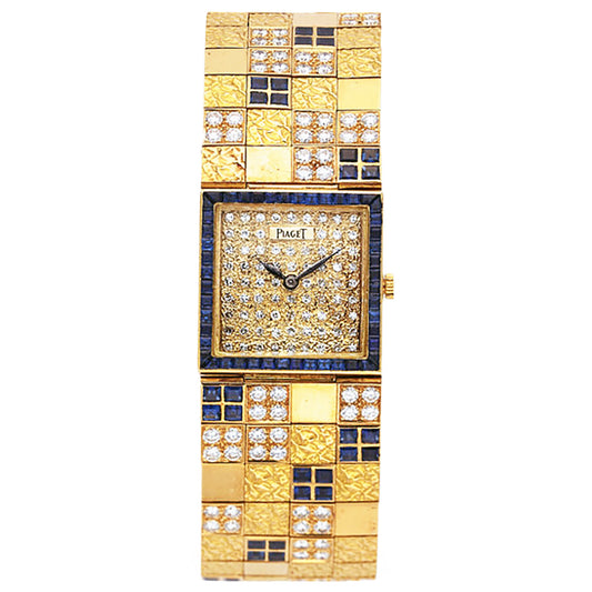 18ct yellow gold Piaget ref. 9352 diamond and sapphire set bracelet watch. Made 1979