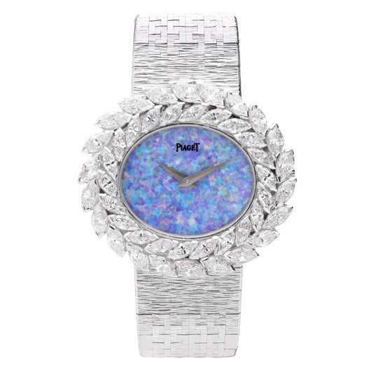 18ct white gold and diamond set Piaget ref. 9385 bracelet watch with opal dial. Made 1973