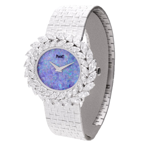 18ct white gold and diamond set Piaget ref. 9385 bracelet watch with opal dial. Made 1973